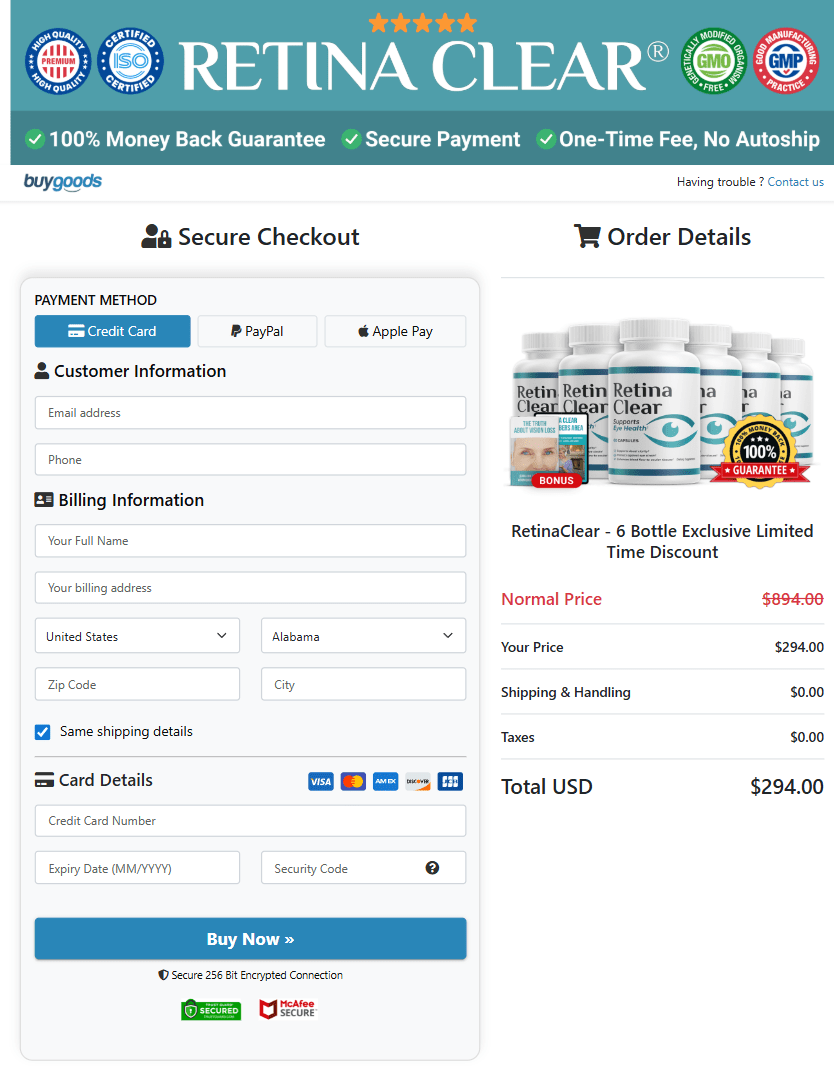 Retina Clear order page